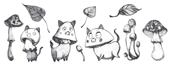 Set of sketch style illustrations with funny cats in the form of mushrooms, leaves and different mushrooms. Fly agarics, honey mushrooms, morels. Illustrations for design, creativity, stickers, labels