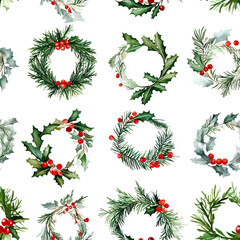 seamless pattern christmas wreaths on white background