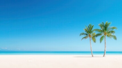 White sandy beach with palm trees, clear blue sky, tranquil and inviting tropical paradise