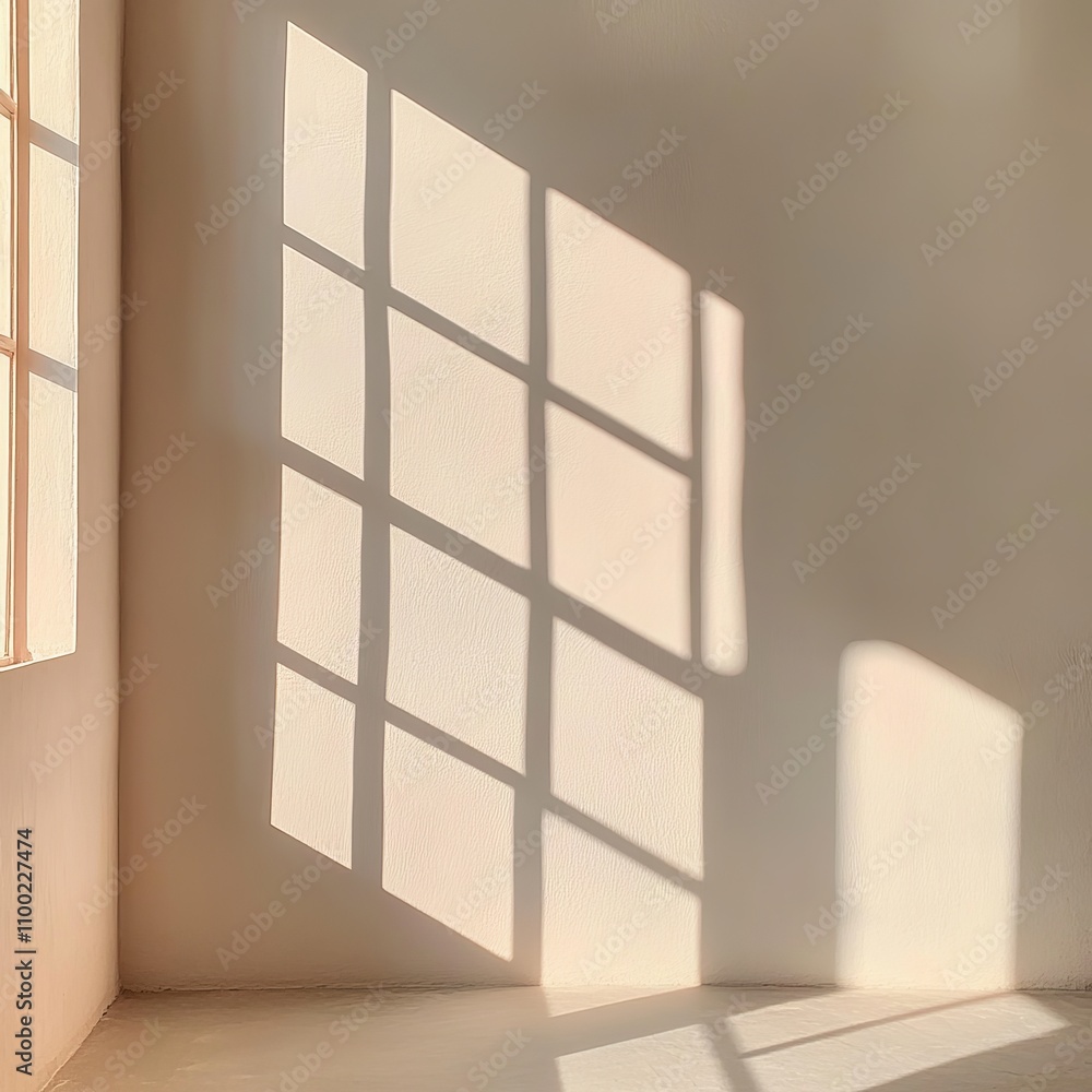Poster soft sunlight cascades through a window, creating delicate shadows on a minimalist wall in a serene 