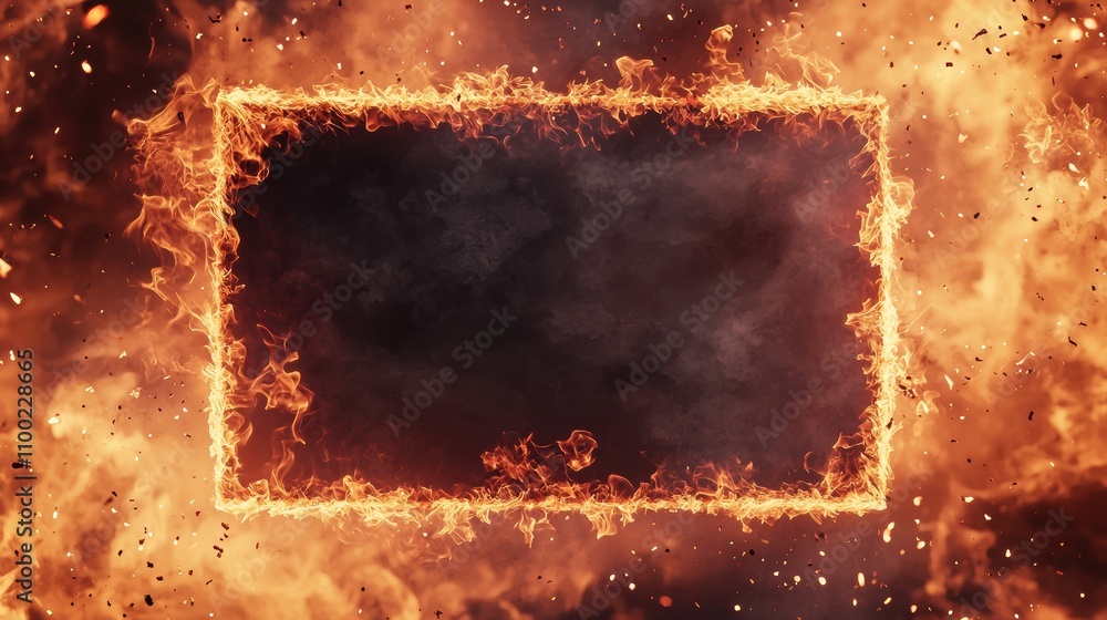 Aufkleber double layered square frame with outer flames in a fiery background