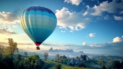 Fototapeta premium A vibrant hot air balloon glides effortlessly through a picturesque landscape.