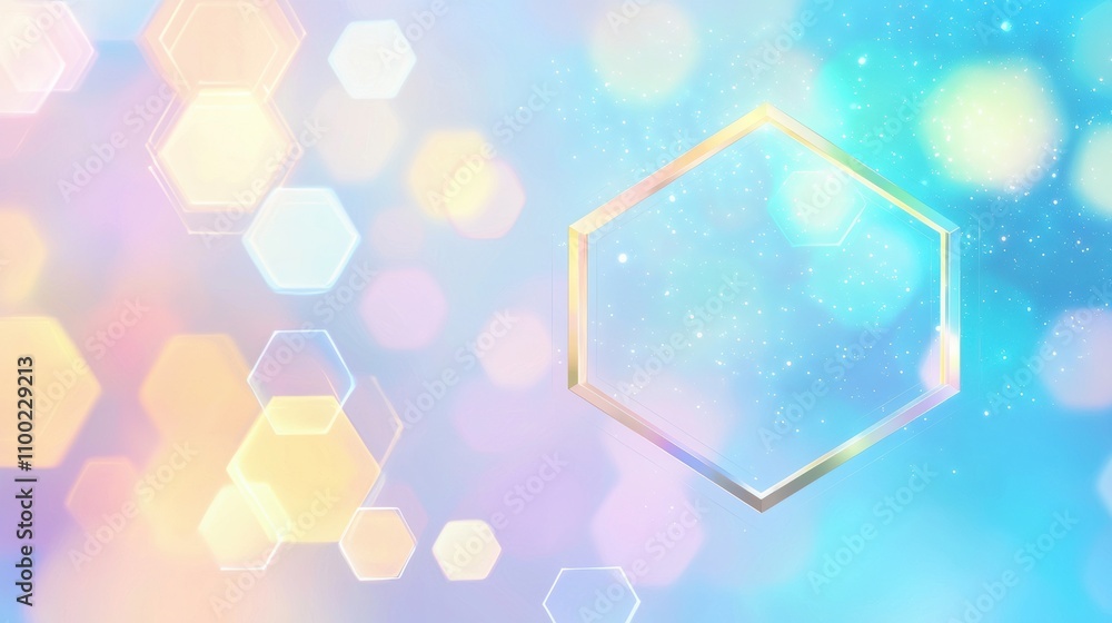Poster abstract hexagonal frame surrounded by delicate bokeh in soft color palette