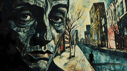 Evocative figure in urban setting: a social commentary. Expressionism. Illustration