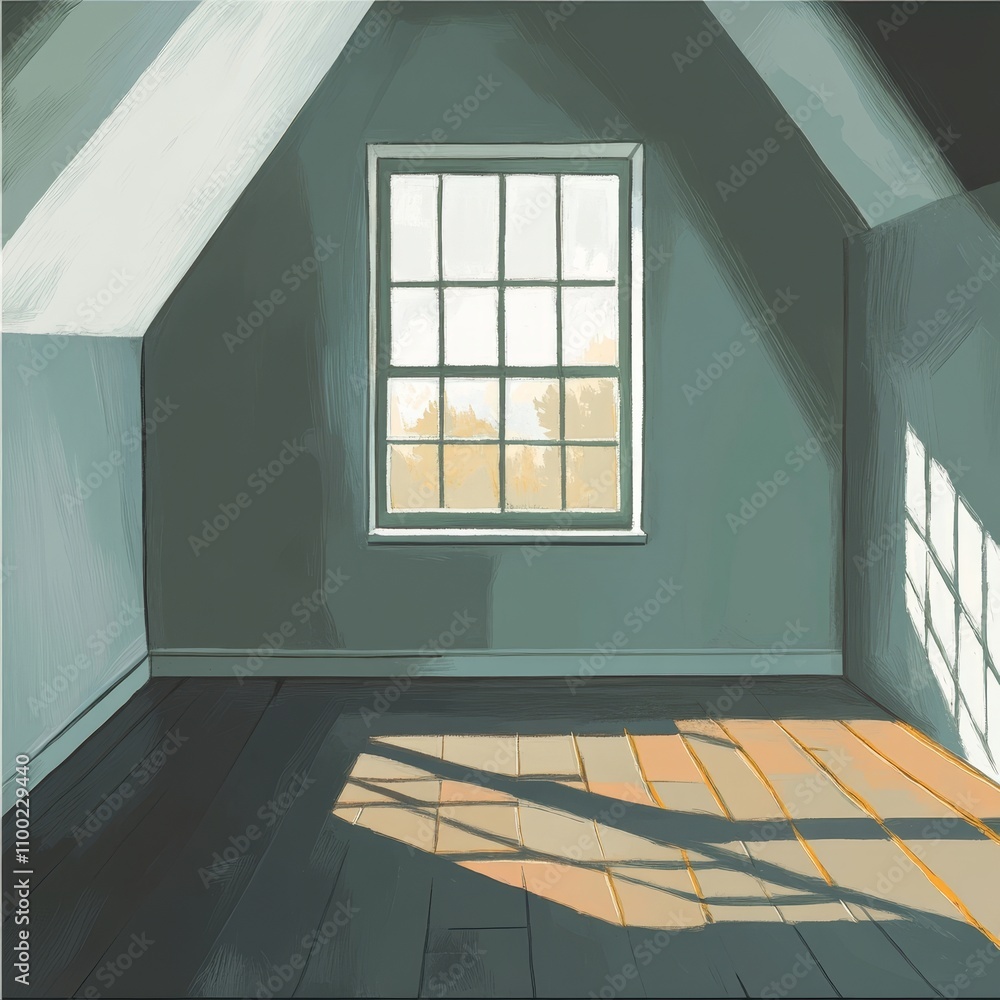 Poster sunlight streams through an attic window, casting intricate shadows on the wooden floor in a serene 