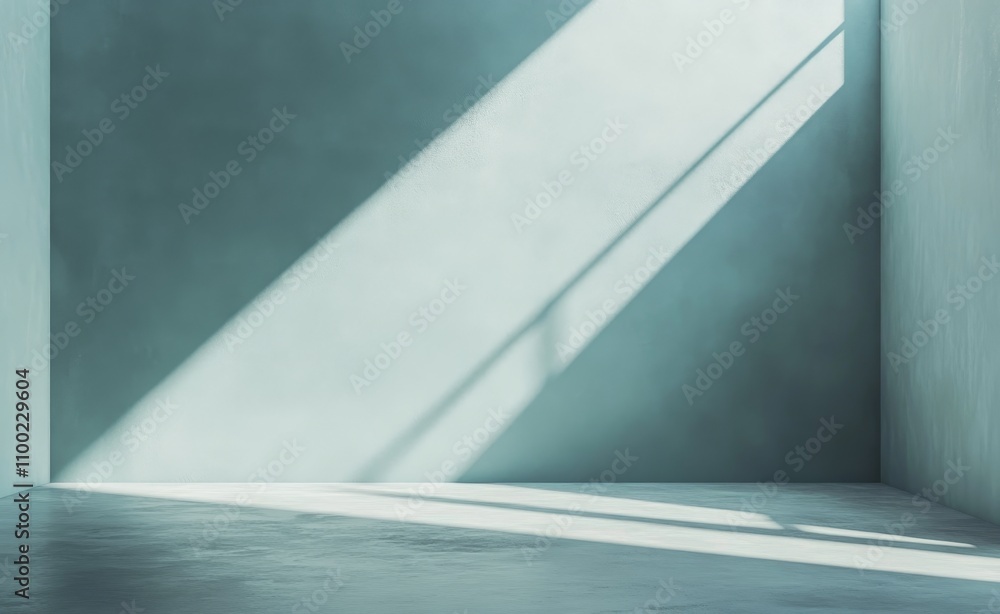 Poster light streams through a minimalistic room, creating a serene atmosphere with shadows dancing on the 