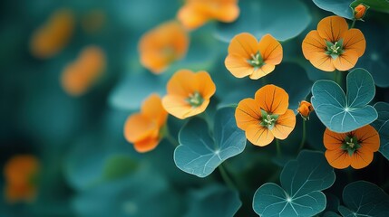 Vibrant orange nasturtiums in bloom against lush green foliage