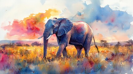 Majestic African Elephant in Vibrant Sunset Savanna