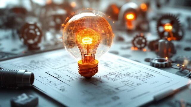 A glowing light bulb surrounded by symbols of creativity, like gears, lightbulbs, and blueprints, representing the value of intellectual property in fostering innovation.