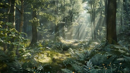 A dense forest with sunlight filtering through the trees, illuminating a...