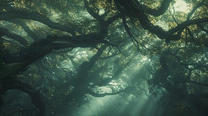 A dense, misty forest with tall, ancient trees, their branches intertwined to...