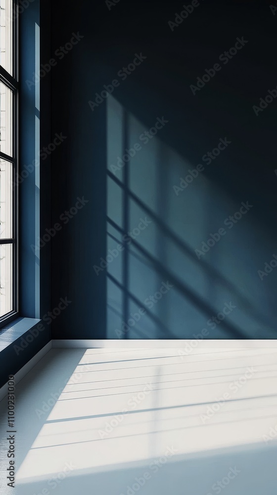 Poster light and shadow dance in an empty room with deep blue walls and an elegant window framing the outsi