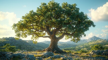 Obraz premium Majestic oak tree in sunlit mountain landscape with blue sky and lush greenery