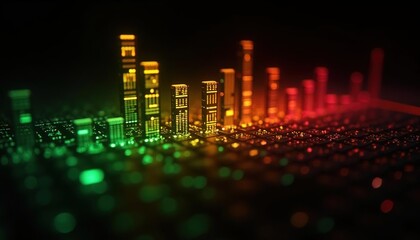 Colorful LED audio bars glowing in red, green, and yellow on a futuristic grid surface, symbolizing digital sound and data analysis