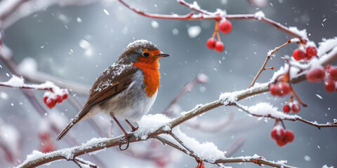 colorful bird on a branch in winter close-up Generative AI