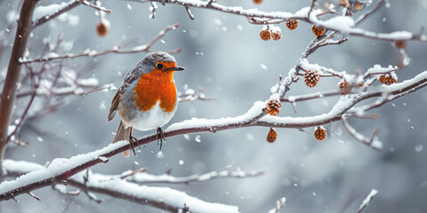 colorful bird on a branch in winter close-up Generative AI
