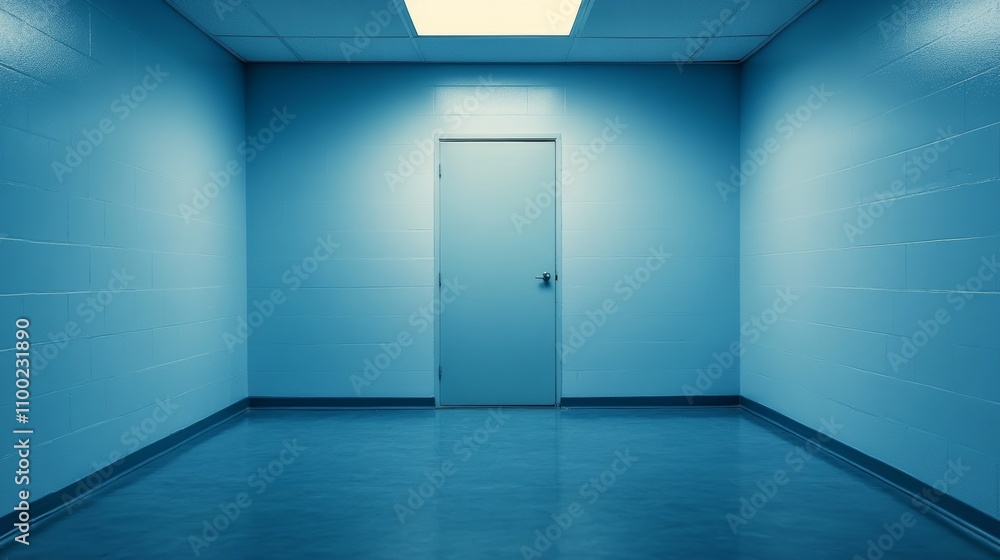 Poster exploring the tranquil emptiness of a blue-toned corridor illuminated by a soft ceiling light, invit