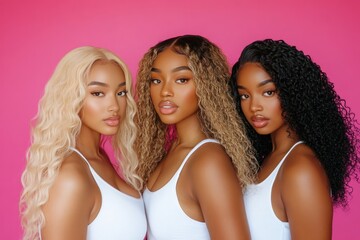 Three beautiful African American hair models wearing lace front wigs with different textures and long styles in white tank tops