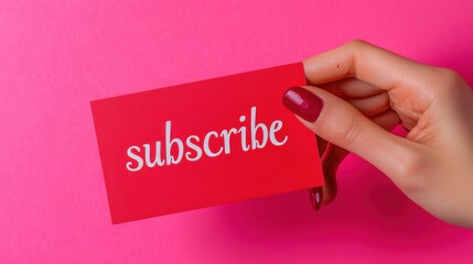A hand holding a red card with the word subscribe written on it