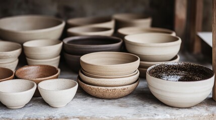 A captivating still life featuring hand-crafted pottery and ceramic bowls.