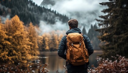An adventurous man enjoying the great outdoors during fall.