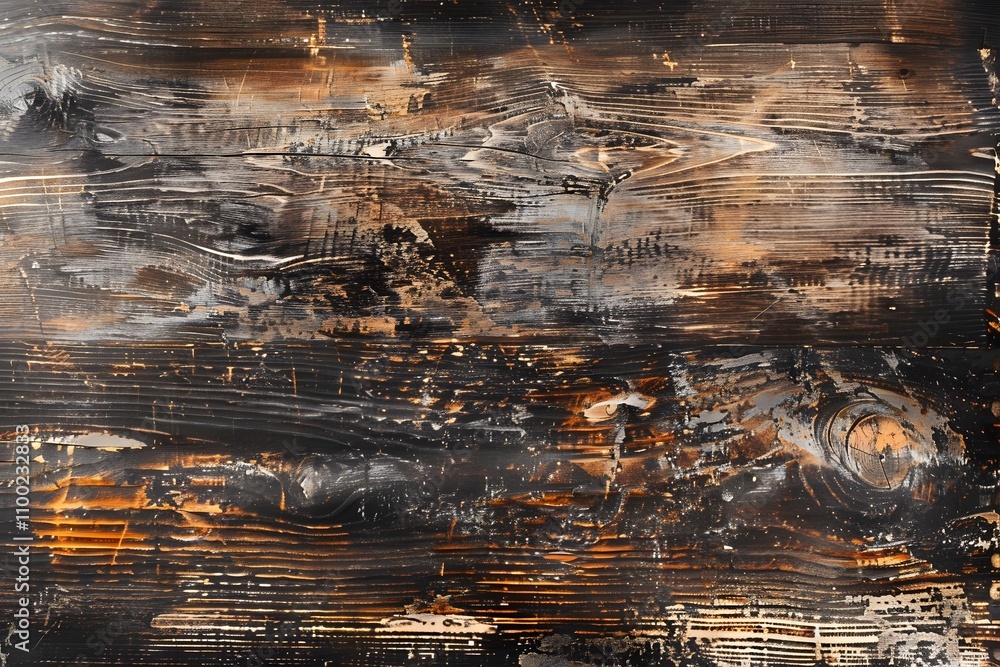 Poster Abstract background featuring textured wood surface with dark tones and hints of warm colors, showcasing intricate patterns and unique markings for creative designs