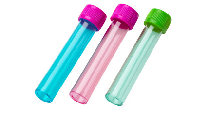 Three colorful test tubes in vibrant pink, green, and blue caps, filled with liquid, showcasing laboratory equipment.