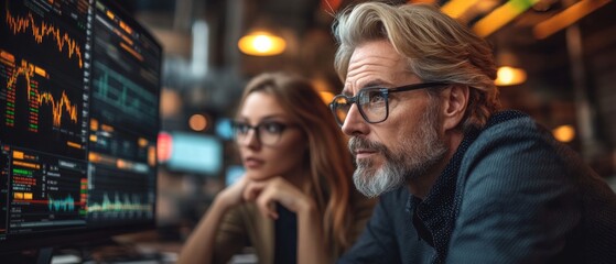 Two traders focus intently on financial data displayed on screens, surrounded by a contemporary office ambiance with warm lighting in the evening
