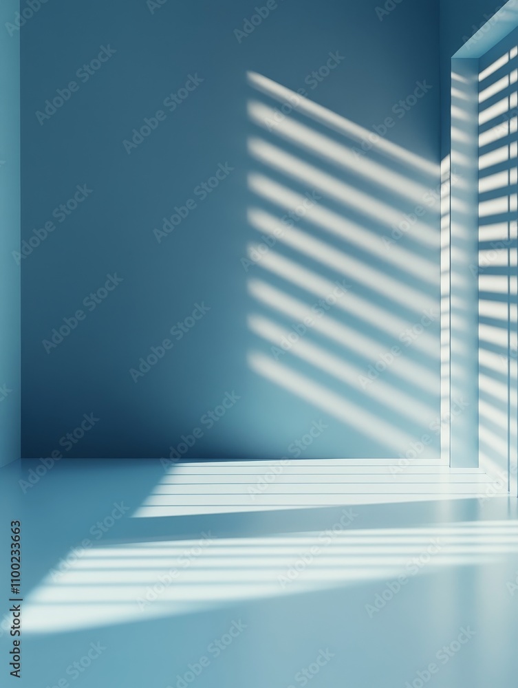 Poster sunlight streams through slatted windows, casting captivating shadows on a minimalist room's smooth 