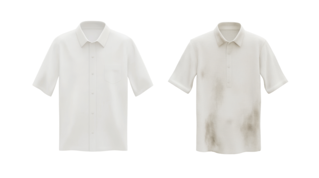Two short-sleeved shirts: one clean and white, the other stained and discolored.