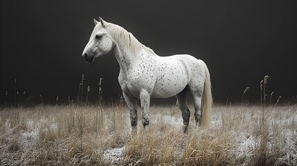 Obraz premium Majestic white horse standing in snowy field