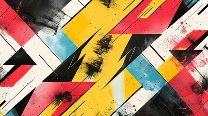 An abstract geometric pattern in bold, contrasting colors, with sharp lines...
