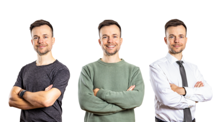 Same person in different outfits showing different aspects of life isolated from background