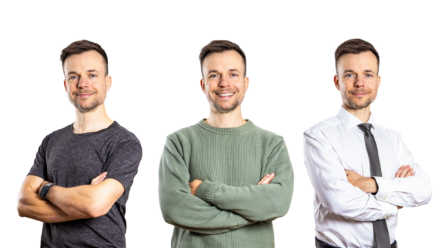 Same person in different outfits showing different aspects of life isolated from background