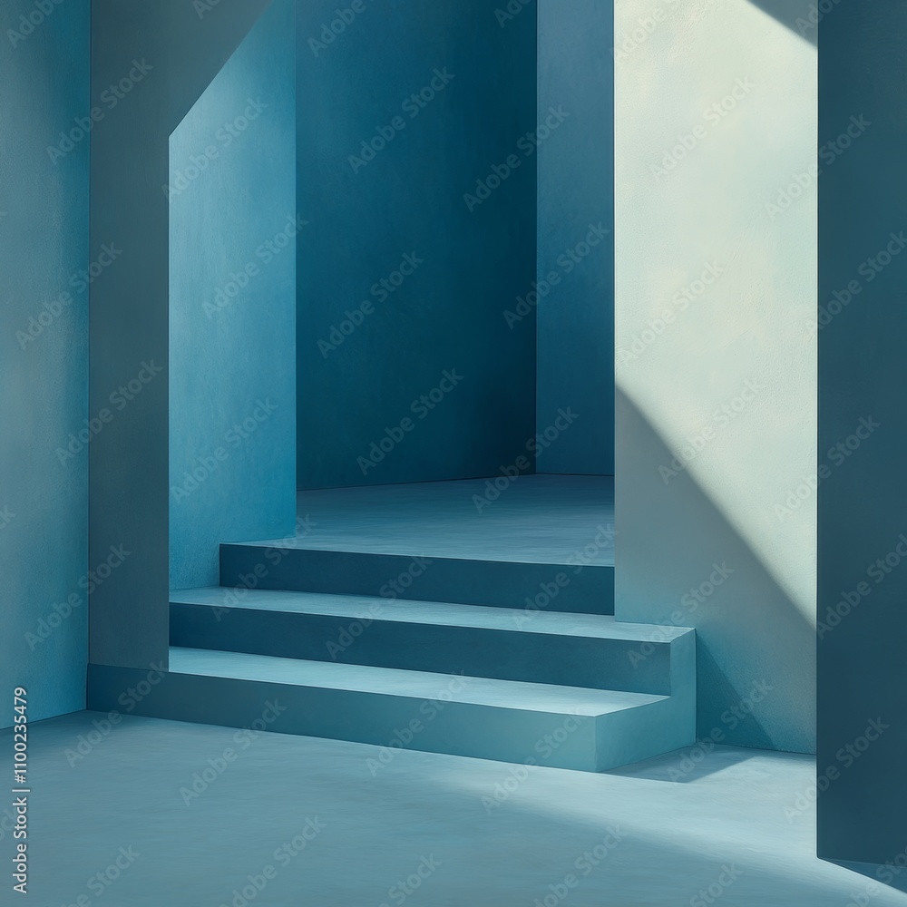 Aufkleber exploration of tranquil blue spaces within minimalist architecture at twilight inspires contemplatio