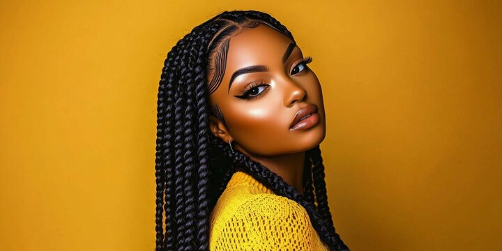 A stylish black woman showcases long cornrow braids.