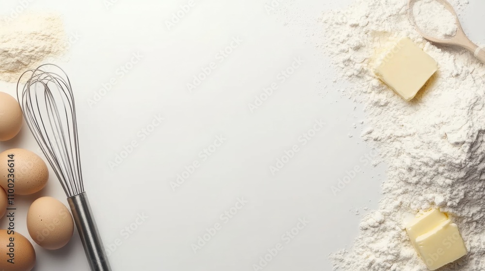 Poster flour, eggs, a whisk, and butter are arranged neatly on a white background, providing a clean layout