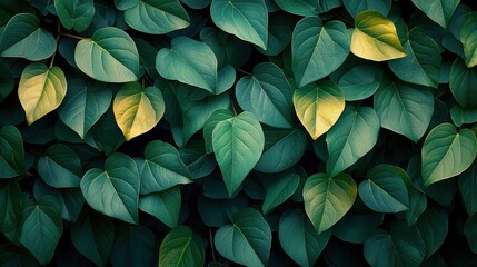 Lush heart-shaped green leaves with subtle yellow highlights in natural foliage background