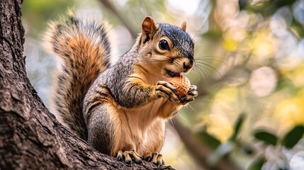 a cut squirrel is eating a nut, background is forest