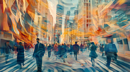 Obraz premium Cubist painting of bustling cityscape, with buildings and people in motion, created with generative ai. Expressionism. Illustration