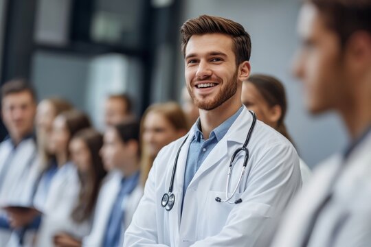 Medical students enthusiastically interact with their smiling instructor.