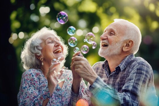 Blissful memories captured of an elderly couple reveling in bubble fun.