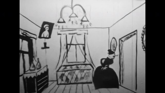 Amateur film animation, marriage proposal in old days. Man getting down on one knee. Get married refusal. Funny marriage proposal scene. Vintage black white cartoon. Old animated archive. Retro 1960s