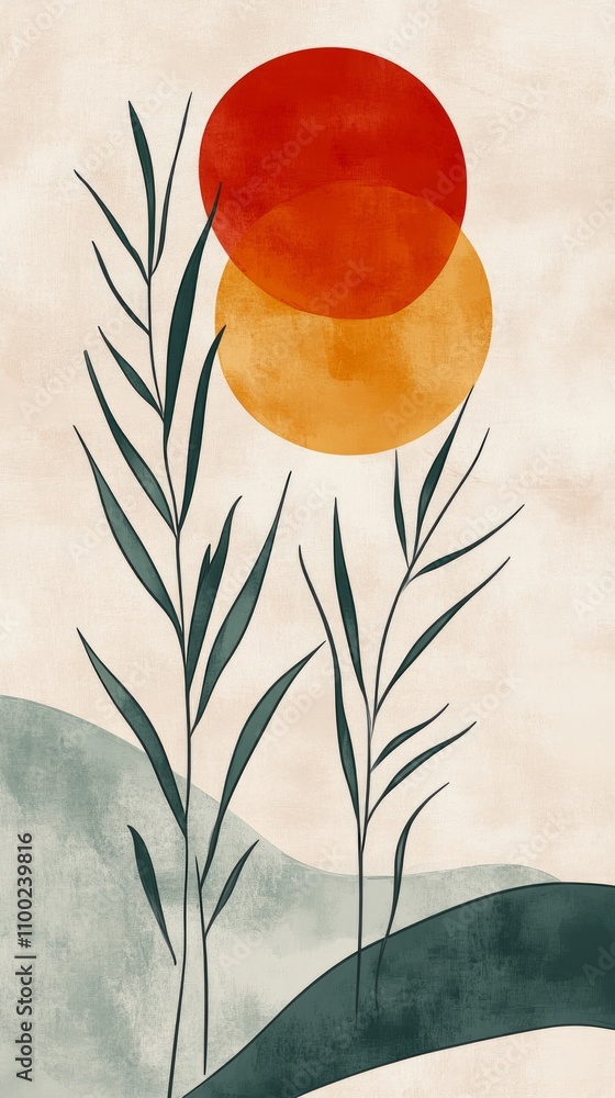 Poster abstract representation with green plants, layered circles in red and orange, over a soft background