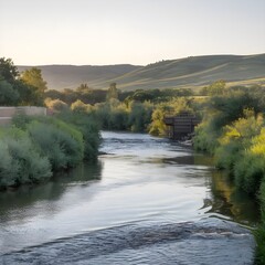 Fototapeta premium A photo of a tranquil stretch of the Jordan River, with lush banks and clear waters. The river flows gently, reflecting the sky. There is a wooden structure built over the river. 