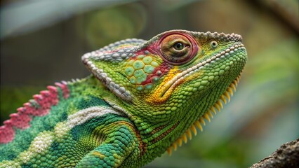 Obraz premium Close-up of a colorful chameleon with vibrant scales and unique patterns in natural habitat 