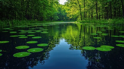 Obraz premium Tranquil forest pond with lily pads reflecting verdant greenery