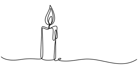 Burning candle. Continuous one line drawing. Vector illustration, One line continuous candle light drawing art. Modern isolated background, Aroma candles one line art, Candle light continuous one line