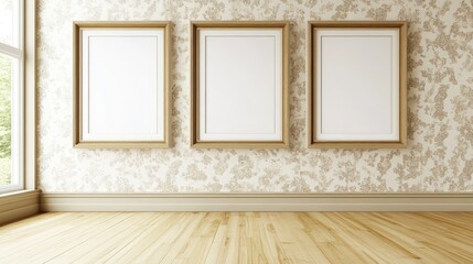 Fototapeta premium Three empty frames on floral wallpapered wall in a room.