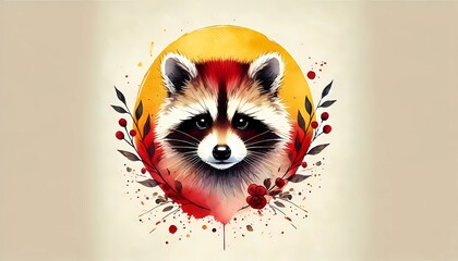 A raccoon painted in WATERCOLOR watercolor technique, centered, in red and yellow with a soft cream background, created with geneartive A.I.